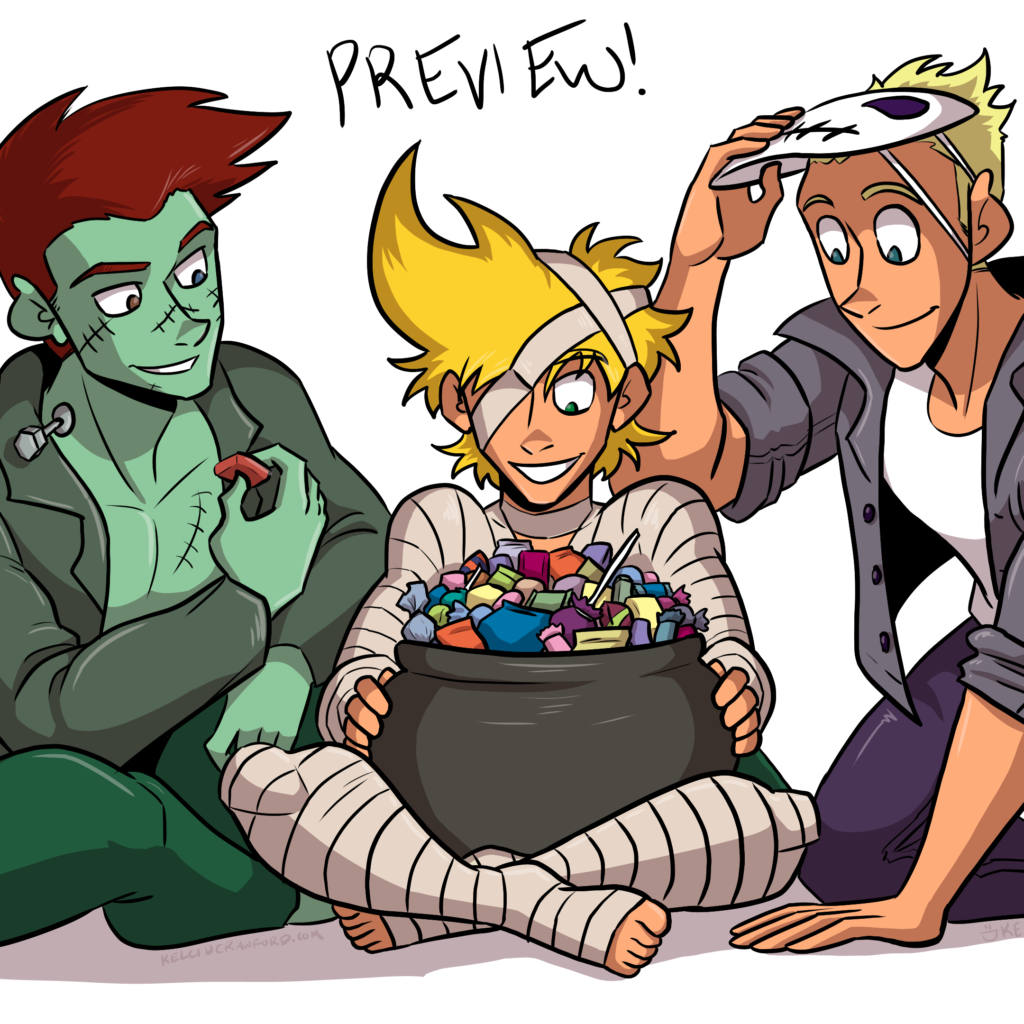 three young adults sit around a cauldron full of candy with glee. To the left sits a young man with green skin, green clothes, and red-brown hair. In the middle sits a blonde genderqueer person wrapped in mummy bandages. To the right kneels a young man with blonde hair, lifting a hockey mask from his face.