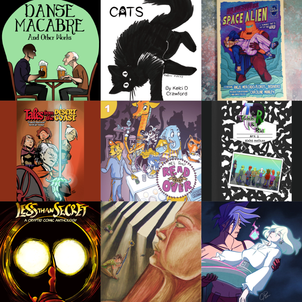 a selection of comics and art available at the Fantasyville Holiday Pop-Up Shop