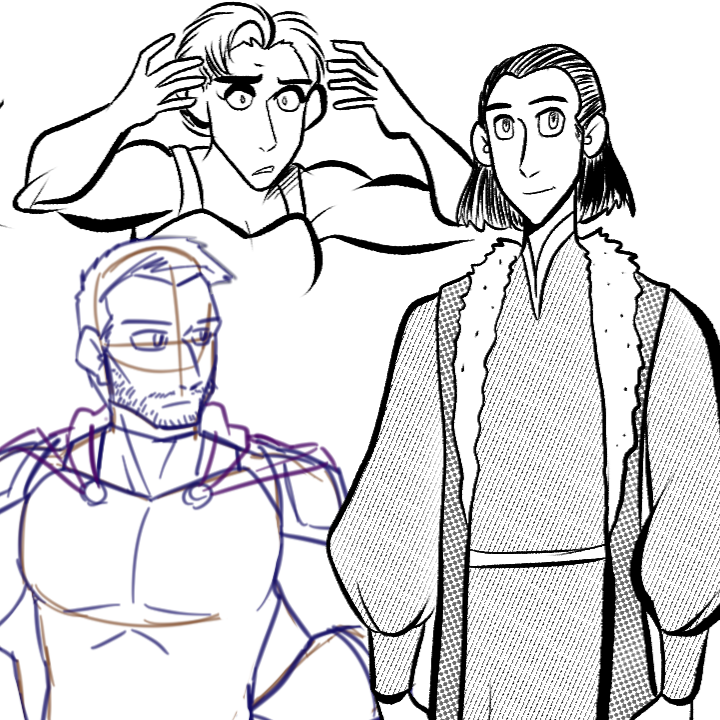 here's a collage of sketches: a muscle dame looks perplexed, a stocky knight looking bored, and a beanpole young man with a small smile on his face.