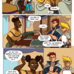 In this page of The Legend of Jamie Roberts, Jamie and Thomas are pulled aside by a tradesperson who tells them they're committing a cultural faux pas by wearing inappropriate attire for their genders. Also their hair makes them look like "bush people."