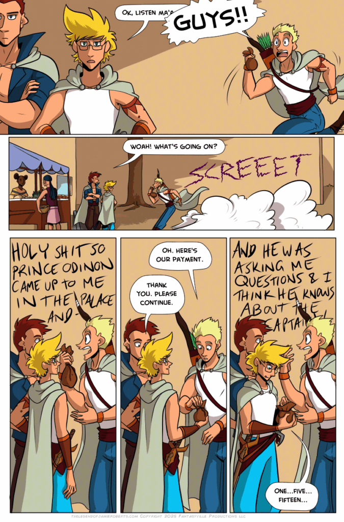 In this page of The Legend of Jamie Roberts, Daniel runs up to Jamie and Thomas and spills the beans.