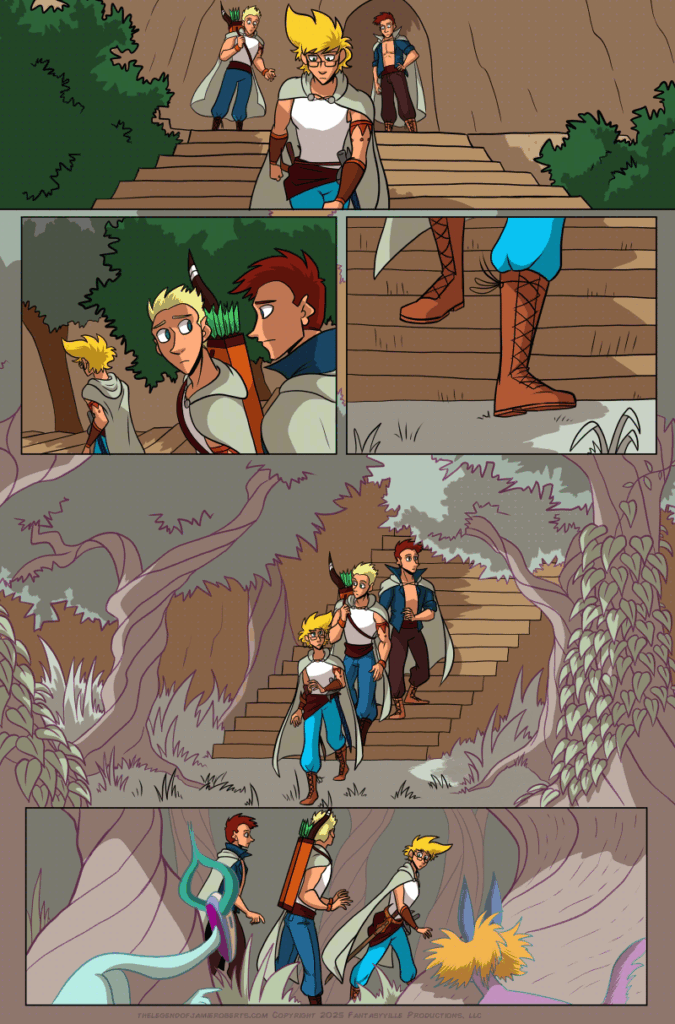 In this page of The Legend of Jamie Roberts, Jamie and friends descend the stairs to the forbidden path, and find a faded, abandoned forest path