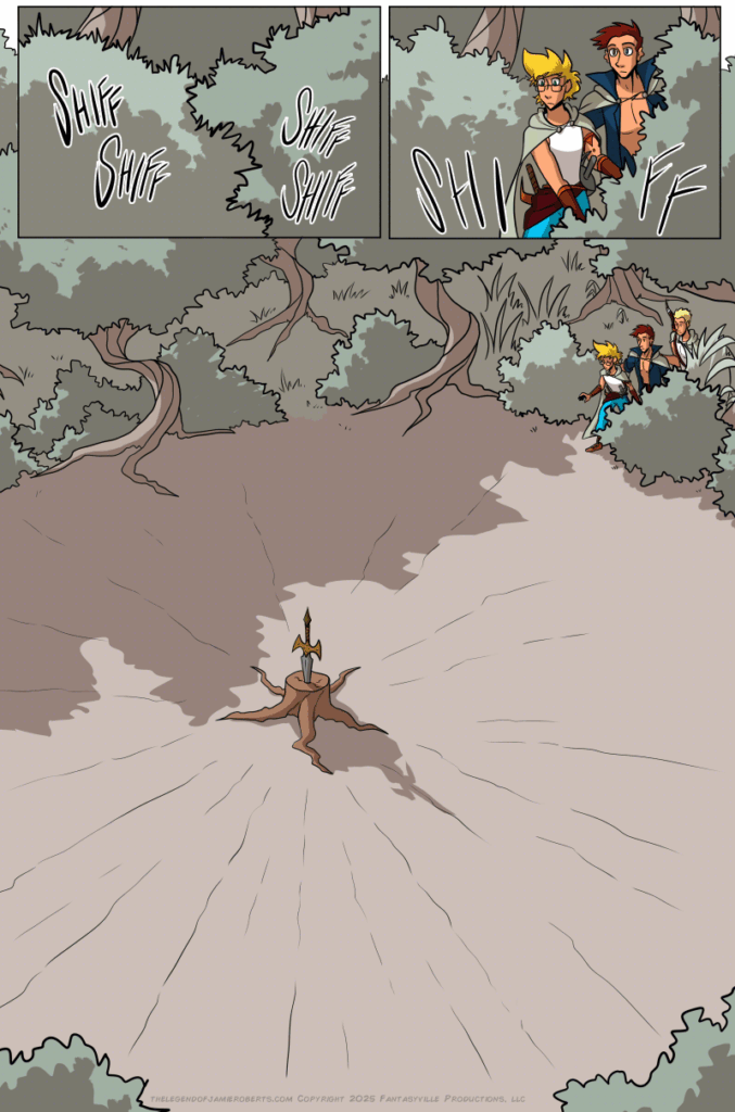 In this page of The Legend of Jamie Roberts, Jamie and friends find Ranki's fabled sword in a dying patch of forest