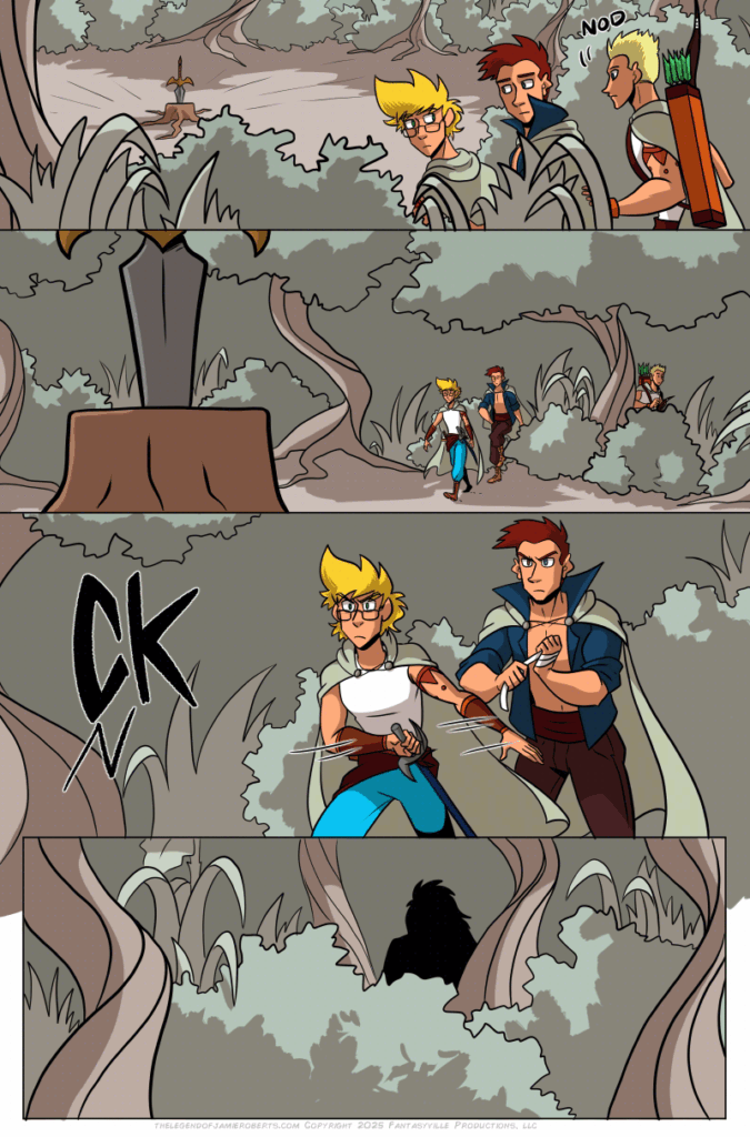 In this page of The Legend of Jamie Roberts, Jamie and Thomas approach the sword in the stump, when a figure approaches from the bushes