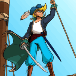Jamie on the mast of a ship in traditional pirate garb