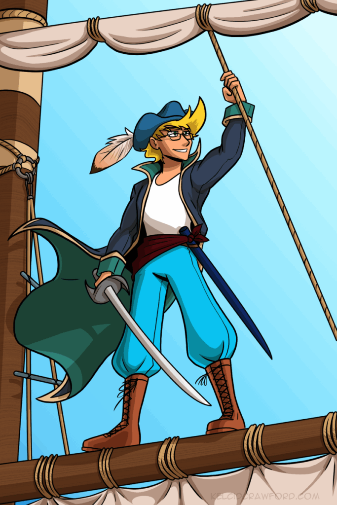 Jamie on the mast of a ship in traditional pirate garb