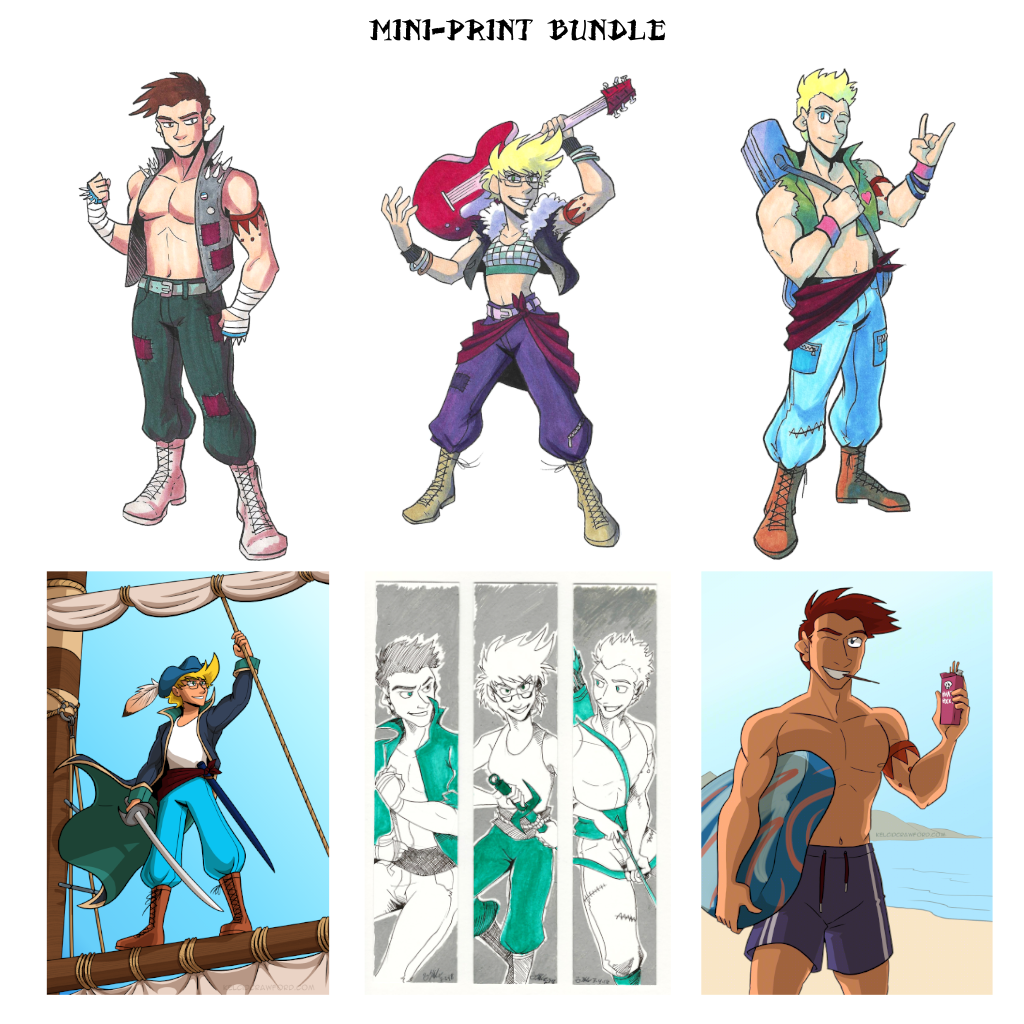 a selection of mini-prints. The top row features Thomas, Jamie, and Daniel dressed as modern-day punks. The bottom row, from left to right, features: Jamie on the mast of a ship in traditional pirate garb; Thomas, Jamie, and Daniel drawn in silver, teal, and white; and Thomas at the beach, smiling and eating pocky