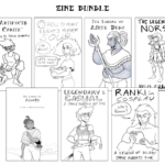 A bundle of zines. Top row features: Artifacts of Corith, How to Make Eegyt's Pepper Soup, The Legend of Azhte Buwa, and the Legend of Norsa. The bottom row features: The Legend of Azu-Mi, Legendary & Casual: a Jamie Roberts zine, and Ranki in Cosplay