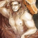 a watercolor digital painting of Basho (or is it Ranki?), shirtless and with messy hair, stroking a dragon with red scales and an orange head with golden eyes