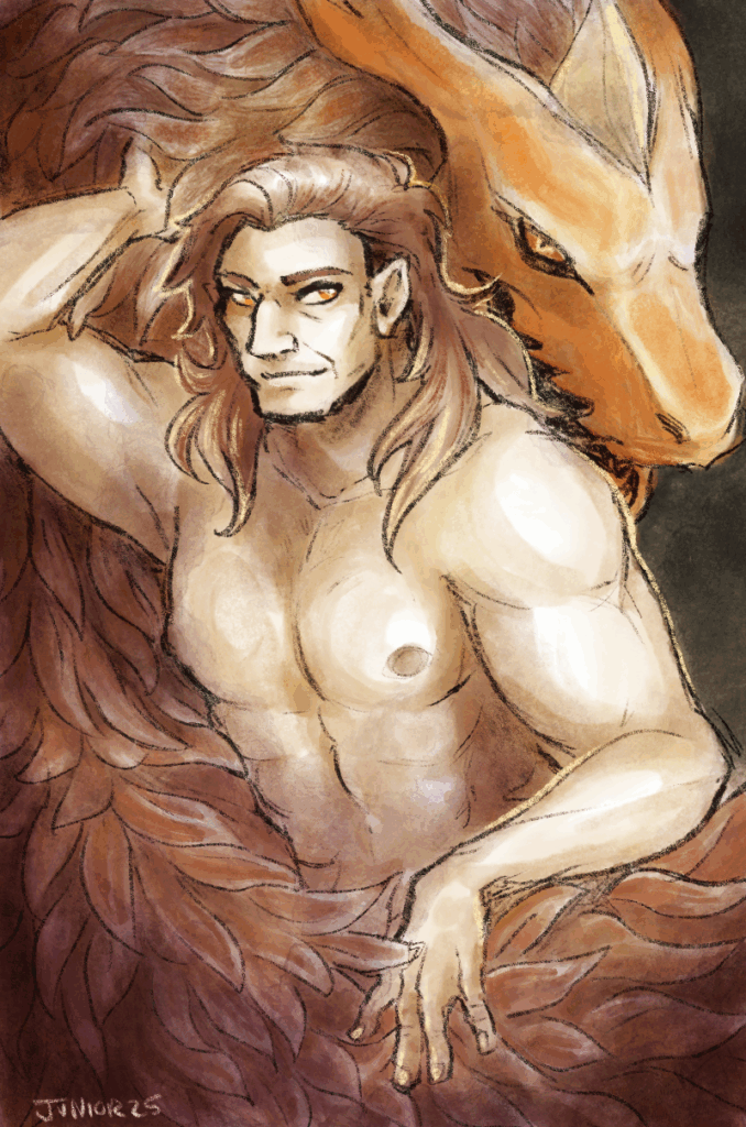 a watercolor digital painting of Basho (or is it Ranki?), shirtless and with messy hair, stroking a dragon with red scales and an orange head with golden eyes