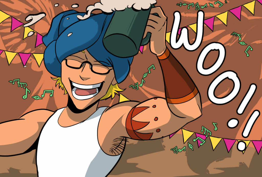 Jamie roberts, pants on their head, raises a full tankard of ale and cheers. Part streamers behind them flow with the crowd.