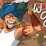 Jamie roberts, pants on their head, raises a full tankard of ale and cheers. Part streamers behind them flow with the crowd.