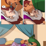 Panel 1: Basho leans over Norsa, grinning. Norsa is also smiling mischievously. Basho: Oh is THAT how we’re doing this? Norsa: Heh. Panel 2: Basho leans down and the two kiss. Panel 3: Zoom out. We see the bedroom with Basho bent to kiss Norsa on the bed. The late afternoon sun comes in through the window on the left side of the panel.