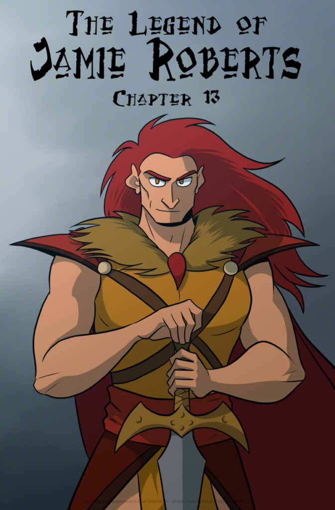 A brawny, red-haired man holds a sword in front him, wearing red and orange armor. He grins with malice. Behind him, storm clouds gather.
