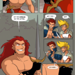 Panel 1: Ranki, hunched over and leaning on his sword, grins and says with a sinister tone, “Fool…” Panel 2: CLOCK. Ranki adjusts his hand so he holds the sword pommel, ready to lift it. Panel 3: Tall panel. Ranki holds the sword aloft, blade tip to the sky. He smiles wickedly, saying, “Let the RAGUN do the lifting.” Panel 4: Medium shot of Thomas and Jamie. Thomas grimaces, saying, “Why you - “ But Jamie stops him, saying, “Wait.” Panel 5: Jamie’s look shifts to one of concern and confusion. Thomas notices as Jamie whispers. Their whisper carries into the next panel. Panel 6: Close up on Ranki’s hands holding the pommel of the sword. Jamie whispers, “His hand…” Indeed, Ranki’s right hand is completely black like a Mocktaw.