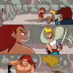 Panel 1: Wide panel. Daniel hides behind a tree, drawing another yellow-feathered arrow from a quiver on his hip. He looks startled. Panel 2: Wide panel. We see Thomas close-up in the foreground, watching as Jamie runs towards Ranki with a ready sword. Ranki is distracted by the arrow that got shot into his dark arm. Far to the left we see Daniel in shadow behind one of the twisted trees. Panel 3: We see over Ranki’s shoulder as Jamie charges at him, sword raised and teeth bared in rage. Panel 4: We see over Jamie’s shoulder as they charge at Ranki. Ranki bends down, left hand on the hilt of his sword, teeth bared.