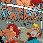 Panel 1 is as wide as the page, close up on Ranki as he holds up his sword to block Jamie’s swing. CLANG! Panel 2 takes up the rest of the page, showing Ranki swing his sword to push Jamie off. The two have locked eyes, grimacing. The two are still ready to fight.