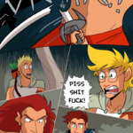 PAGE 307 Panel 1: Jamie's sword breaks against Ranki's skin with a resounding BREAK!! Panel 2: Daniel's jaw drops. Panel 3: Close up on Jamie screaming, "PISS SHIT FUCK!" Panel 4: Ranki frowns with a "HMPH". Panel 5: Thomas, worried, draws the Knife of Leona, a curved blade, and moves to fight.