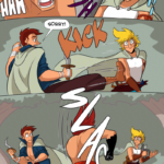 PAGE 308 Panel 1: Close up on Ranki as he grimaces and swings his sword with a "HAA." Panel 2: Close up on Jamie's shocked face as Ranki's sword swings towards them. Panel 3: Wide panel. Thomas kicks Jamie in the side, shouting "Sorry!" Panel 4: Thomas steps back and Jamie regains their footing just as Ranki's sword swing strikes down between the two of them.