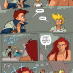 PAGE 310 Panel 1: Wide panel. Thomas pulls the knife out from Ranki's shoulder. As Ranki winces, a trail of black blood follows the arc of where Thomas moves. In the background, Jamie watches, alarmed at what they see. Panel 2: Wide panel. Closer in on Thomas and Jamie. Thomas yells, "MOSEY!" Jamie yells, "Right!" Panel 3: Jamie and Thomas both RUN AWAY into the bushes. Ranki, his back to the viewer, watches them flee. Panel 4: Medium close-up on Ranki, looking confused as he talks to himself. "'Mosey'? Is that a name or a code - ?" Panel 5: An arrow goes THOT into his pectoral and Ranki screams. Panel 6: Cut to the shadows of the surrounding trees and bushes. Daniel runs to the right of the page, panicked. In the background we see Ranki clutching the arrow in his chest.