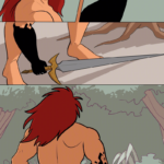 PAGE 312 Panel 1: Ranki lifts his gaze towards where Jamie and friends ran off (off-panel). He furrows his brow and sets his jaw. Panel 2: Close up on Ranki's black fist as it clenches. Panel 3: wide panel. Ranki bends down and grabs the handle of his sword. Panel 4: In this panel that takes up the bottom half of the page, Ranki turns his back to the viewer and moves towards the bushes and trees. He's going after the pirates.