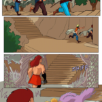 PAGE 313 Panel 1: Wide panel. Jamie (in the lead), Thomas, and Daniel are running at full speed up the steps and past the trees. Panel 2: Wide panel, we see Thomas and Daniel running into the mouth of the tunnel that leads to Dogona. Panel 3: Wide panel. At the base of the stairs Jamie and friends just ascended, Ranki approaches. Something shuffles in the bushes nearby. The trees around him are gnarled and drawn in faded lines, as if touched by otherworldly magic. Panel 4: Ranki glances down at a Nohni, a small critter that leaps out of the bushes. It has a purple racoon-like body and a white mask like a wide-eyed bird, with a large black mouth. Its blue ears are lowered, and its fur bristles as it hisses at Ranki.