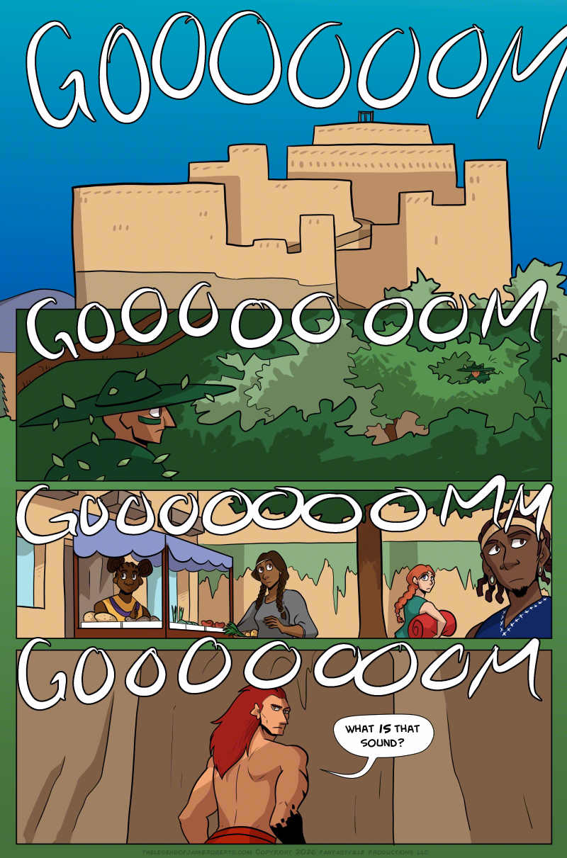 PAGE 323

Panel 1: wide panel. We see the Temple of a Thousand Souls at the top of the mesa, as the massive chimes of Dogona sound out with a "GOOOOOOOOM."

Panel 2: wide panel. A Ka'oh Po'oi soldier in a tree is alarmed to hear the "GOOOOOOOOOM" of the chimes. Ze gaze out across the way to another soldier, who is also startled to hear it.

Panel 3: wide panel. In the center market in front of the palace gates, people stop as they hear the "GOOOOOOOOOOM" ring out in the air.

Panel 4: Wide panel. Before Ranki enters the cave leading to the path to Dogona, he turns, raises a brow, and says aloud, "What IS that sound?"
